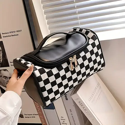  Large Capacity Travel Cosmetic Bag Plaid Checkered