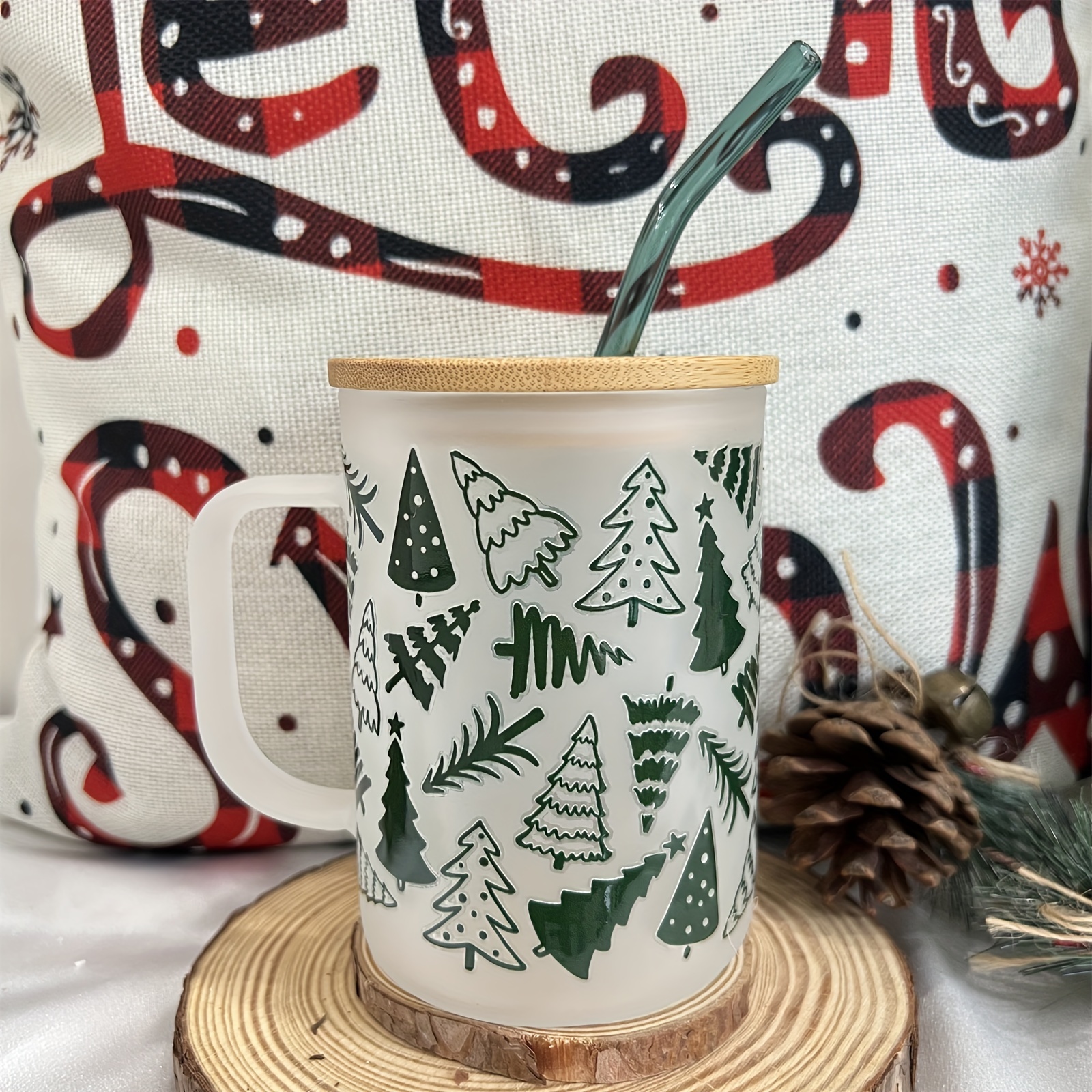 Glass Mug Merry Christmas Tree Frosted Glass Mug Glass - Temu