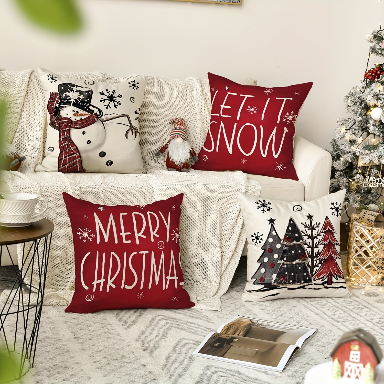 Christmas Pillow Covers 18x18 Set of 4 Merry Christmas Outdoor Pillow Cases  Let It Snow Deer Holiday Decorations Red Truck Xmas Throw Pillows