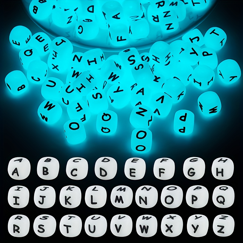 

26pcs Perles en silicone lumineuses en forme de cube, perles en forme de dés carrés avec lettres et chiffres, pour la fabrication de bijoux DIY et porte-clés, choix idéal pour les cadeaux