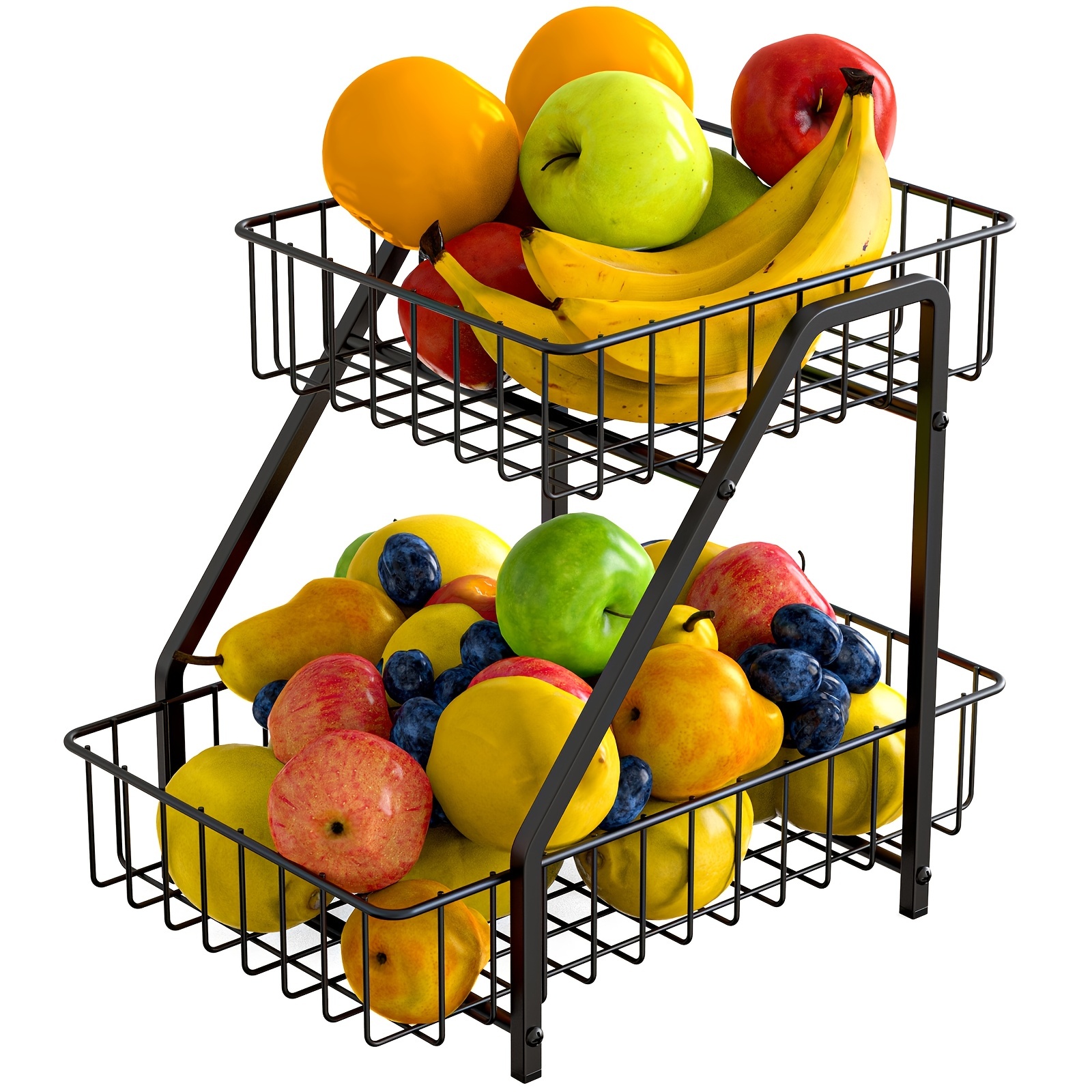 Cesta de frutas para cocina, cesta de almacenamiento de frutas y verduras  de 2 niveles para encimera de cocina, de alambre negro, cestas de