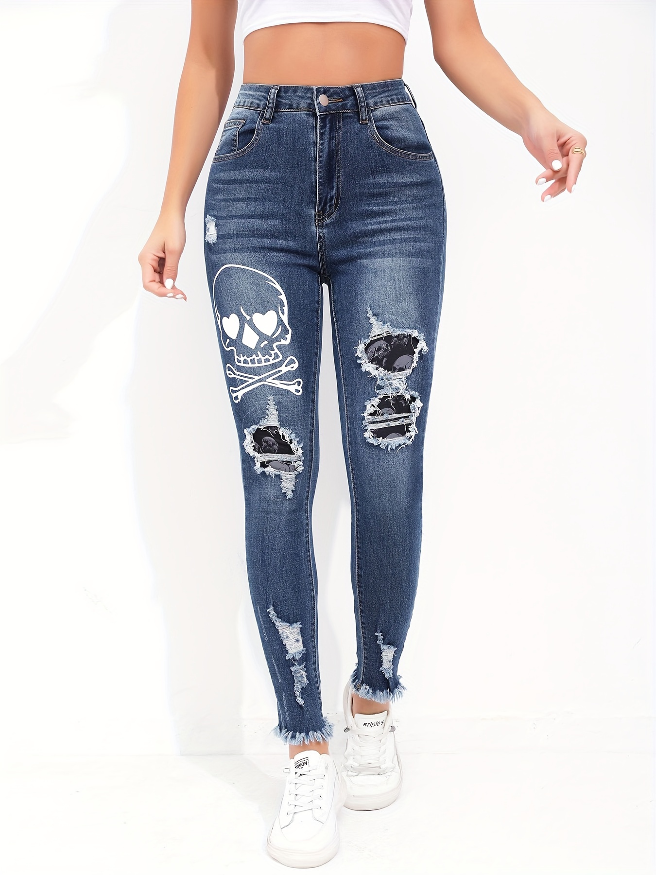 Blue Skull Pattern Skinny Jeans, Slim Fit High Stretch * Hem Halloween  Tight Jeans, Women's Denim Jeans & Clothing