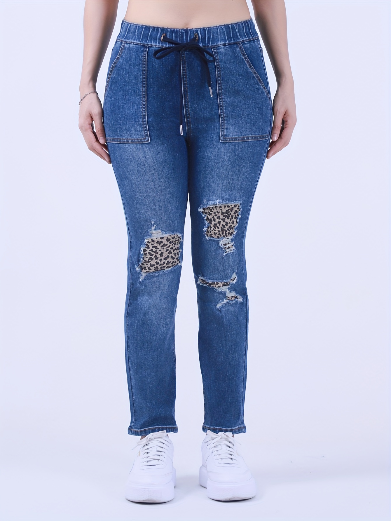 Calça Jeans Casual Plus Size, Feminina, Plus Colorblock, Estampa De  Leopardo, Cordão Elástico, Cintura Alta, Perna Reta - Temu Portugal