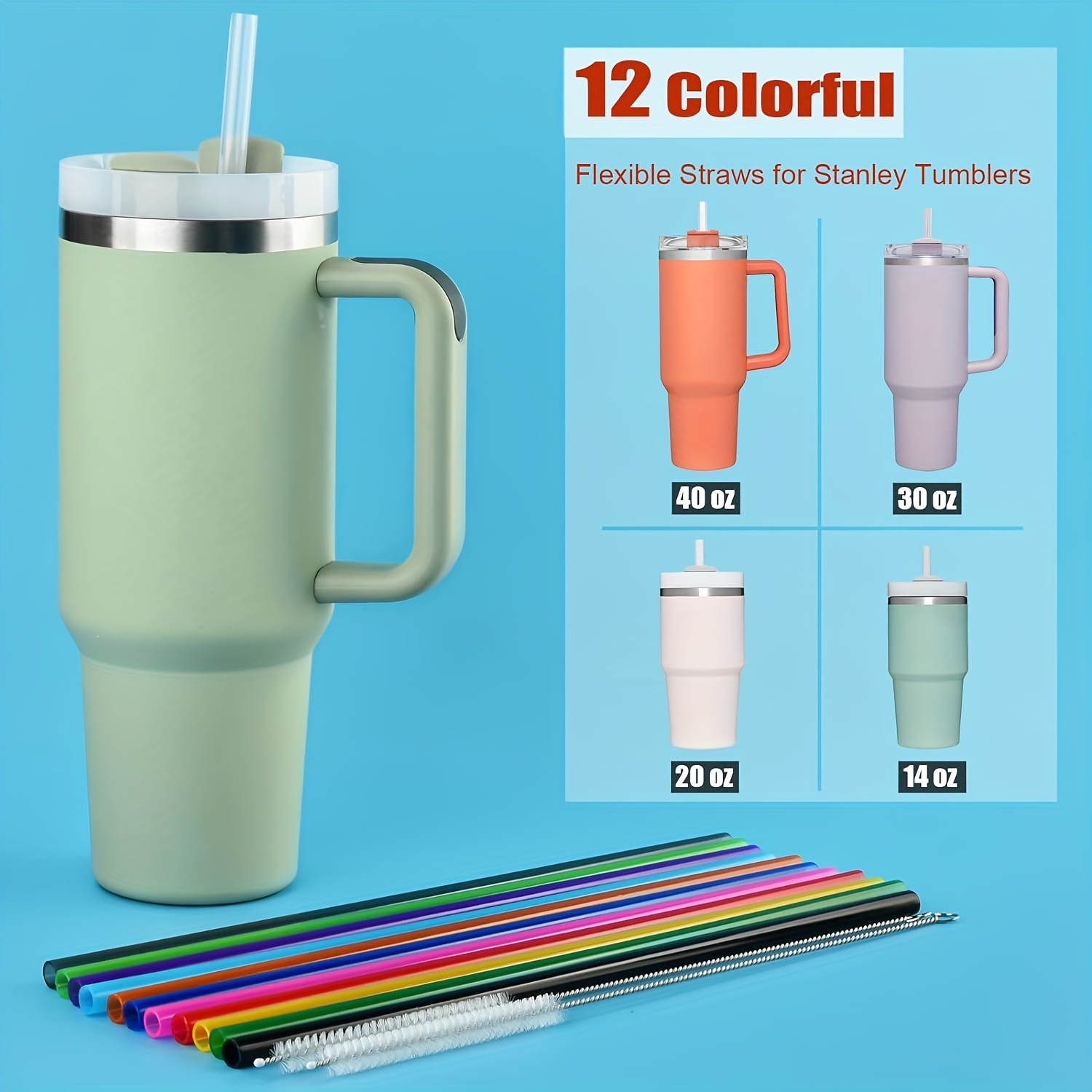 12 Pack Replacement Glitter Straws and Covers for 40 oz Stanley Adventure  Travel Tumbler Cup, Reusable Glitter Straws with Cleaning Brush, Compatible