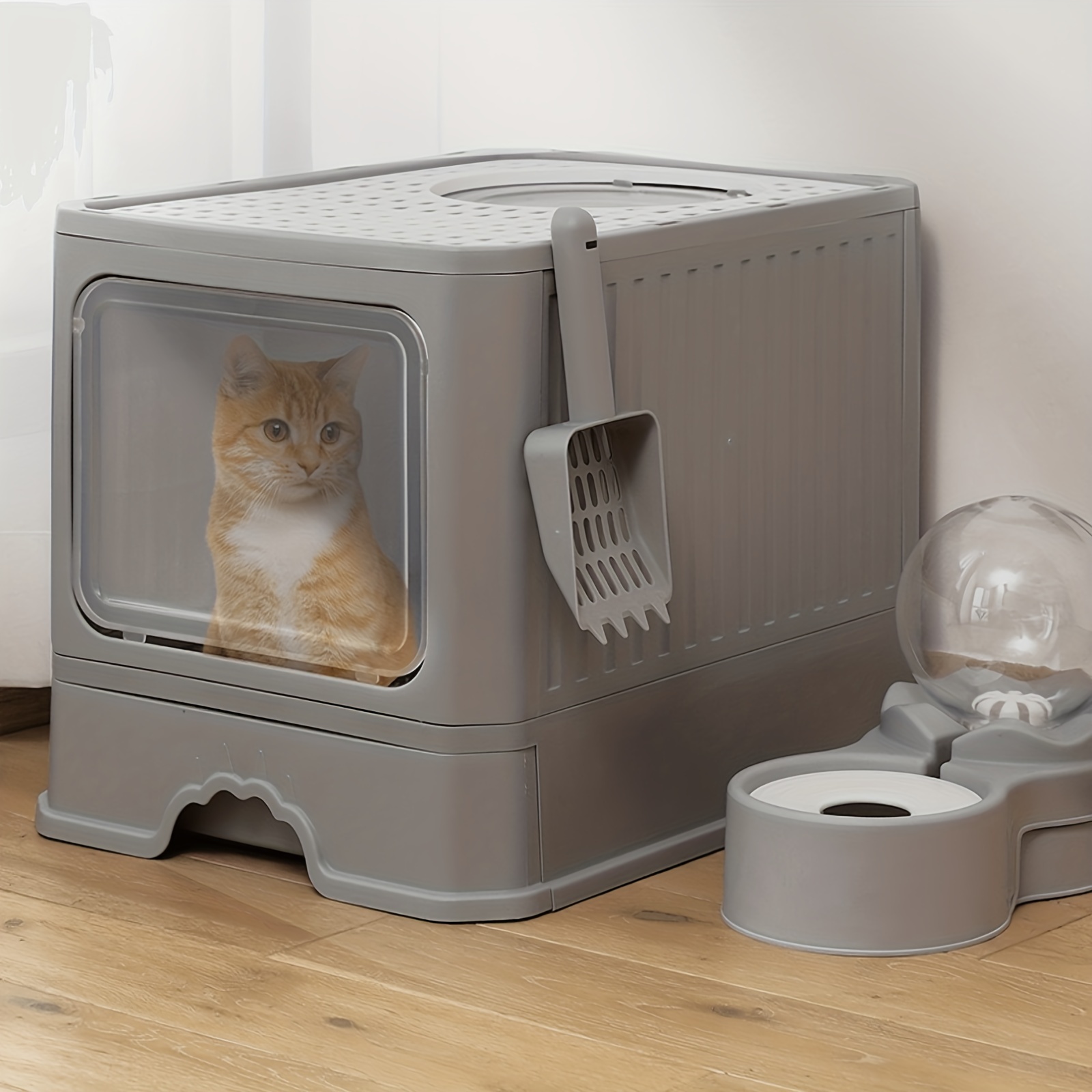 fully enclosed cat litter box with lid foldable anti splashing cat litter drawer with front flap door and toy entry cat toilet for indoor cats