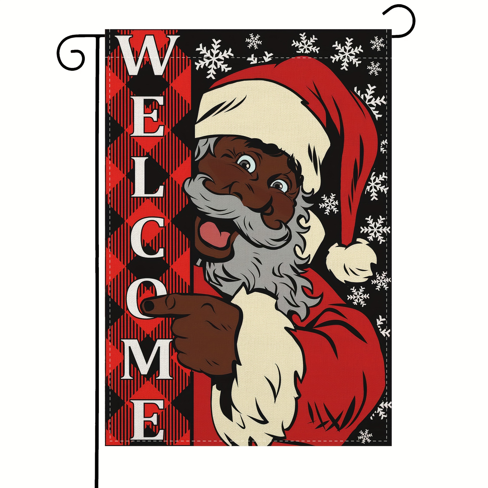 Drapeau De Jardin Noël 30x45 Cm – Double Face, Lin – Père Noël, Motif Plaid Rouge Et Noir