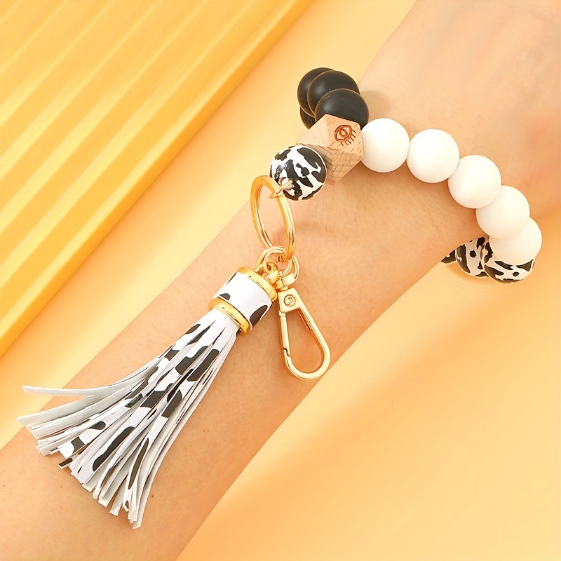 Acrylic Beads Wristlet Keychain With Woolen Tassel Bag - Temu