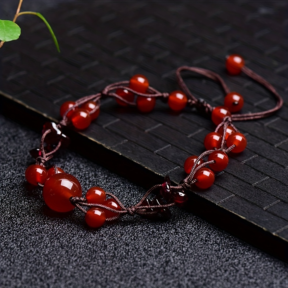 

1pc Fashionable Hand-woven Natural Red Agate Beads, Pomegranate Stone Beaded Bracelet