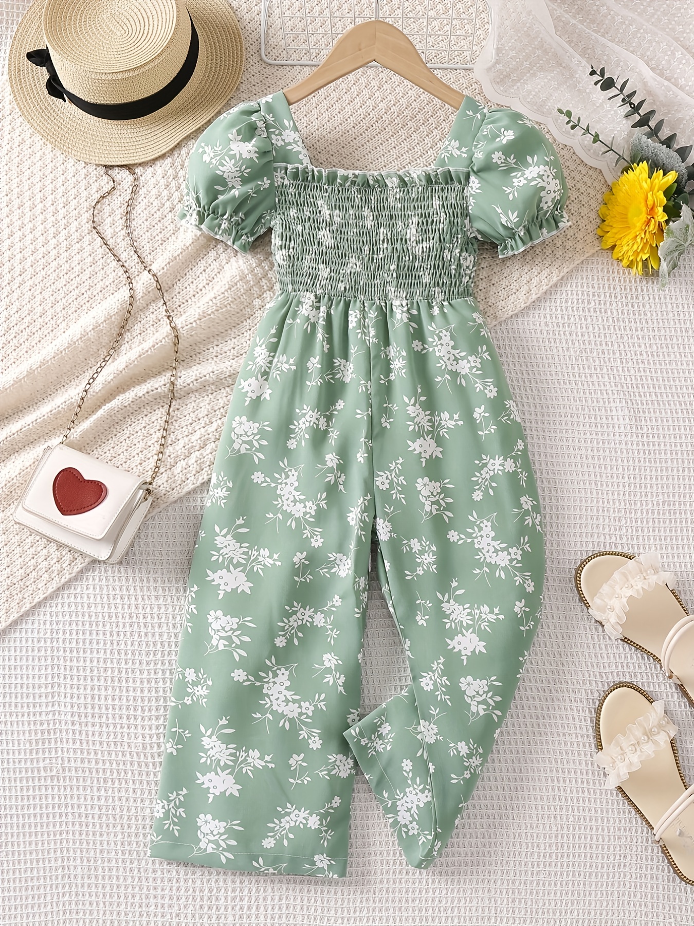 Girls Floral Puff Sleeve Romper, One Shoulder