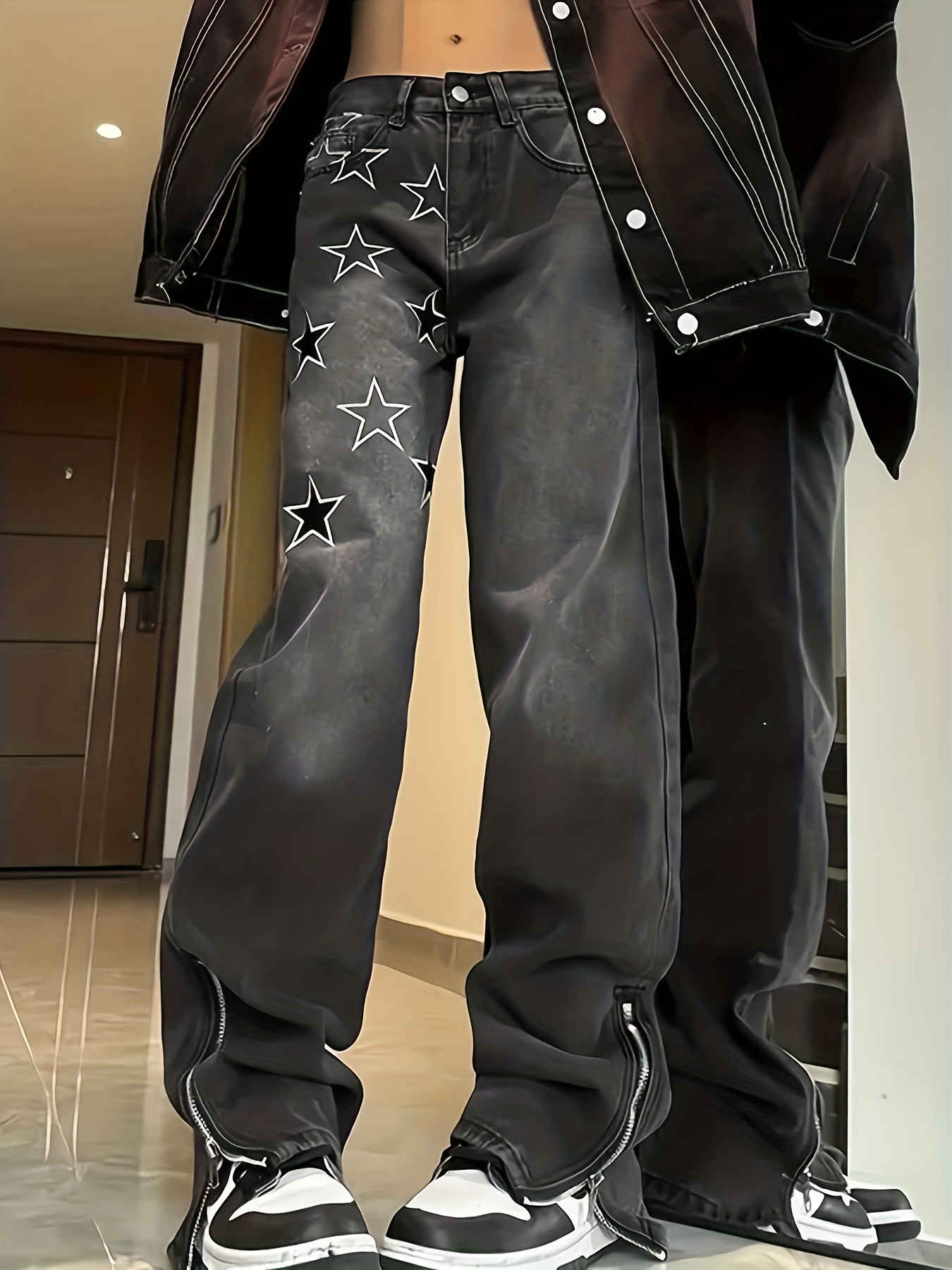 Black Star Pattern Straight Jeans Loose Fit Side Zip Y2k Kpop