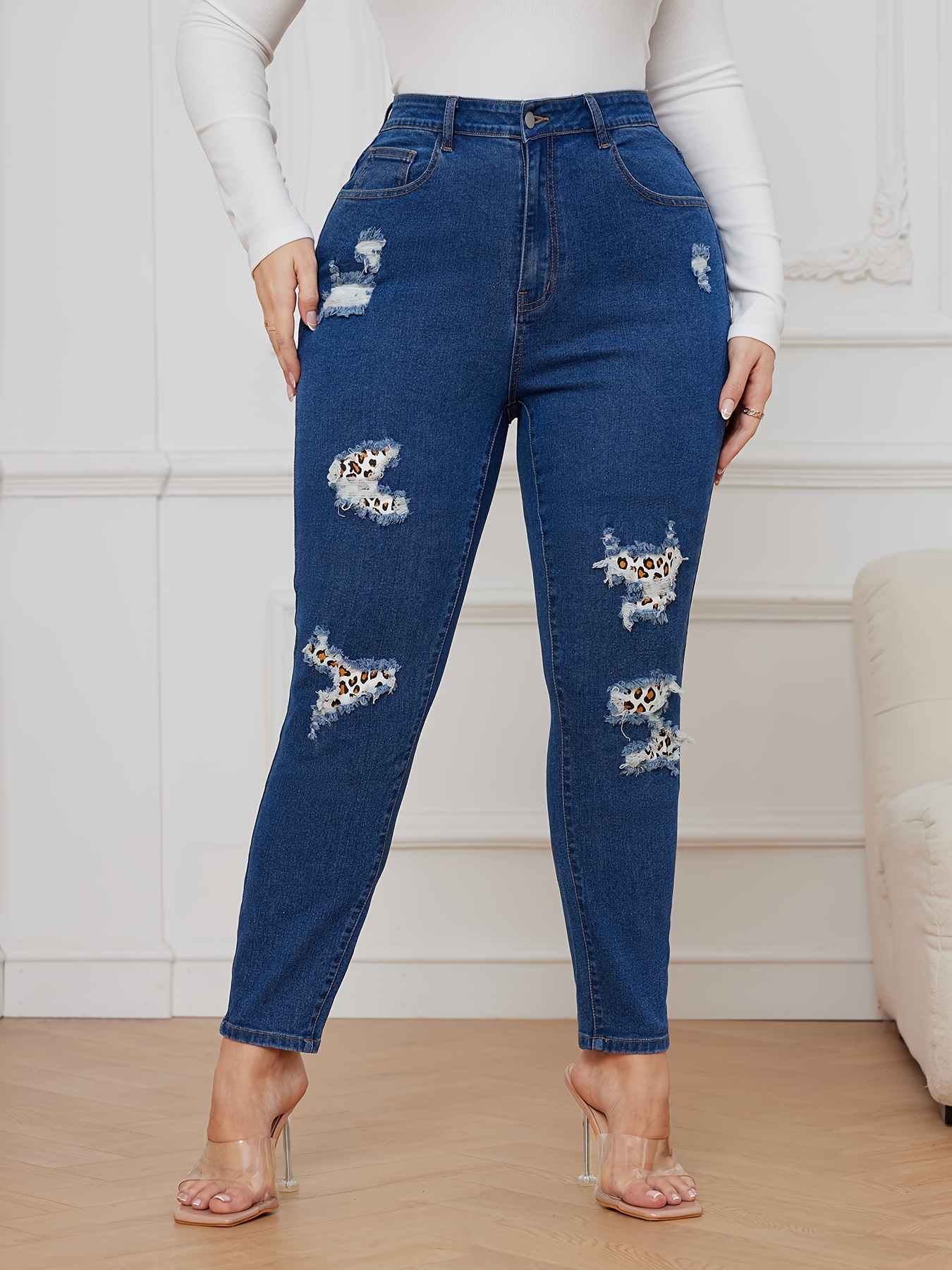 Women's Casual Jeans, Plus Size Faux Fleece Lined Medium Stretch Slash  Pocket Washed Blue Flare Leg Denim Pants For Winter