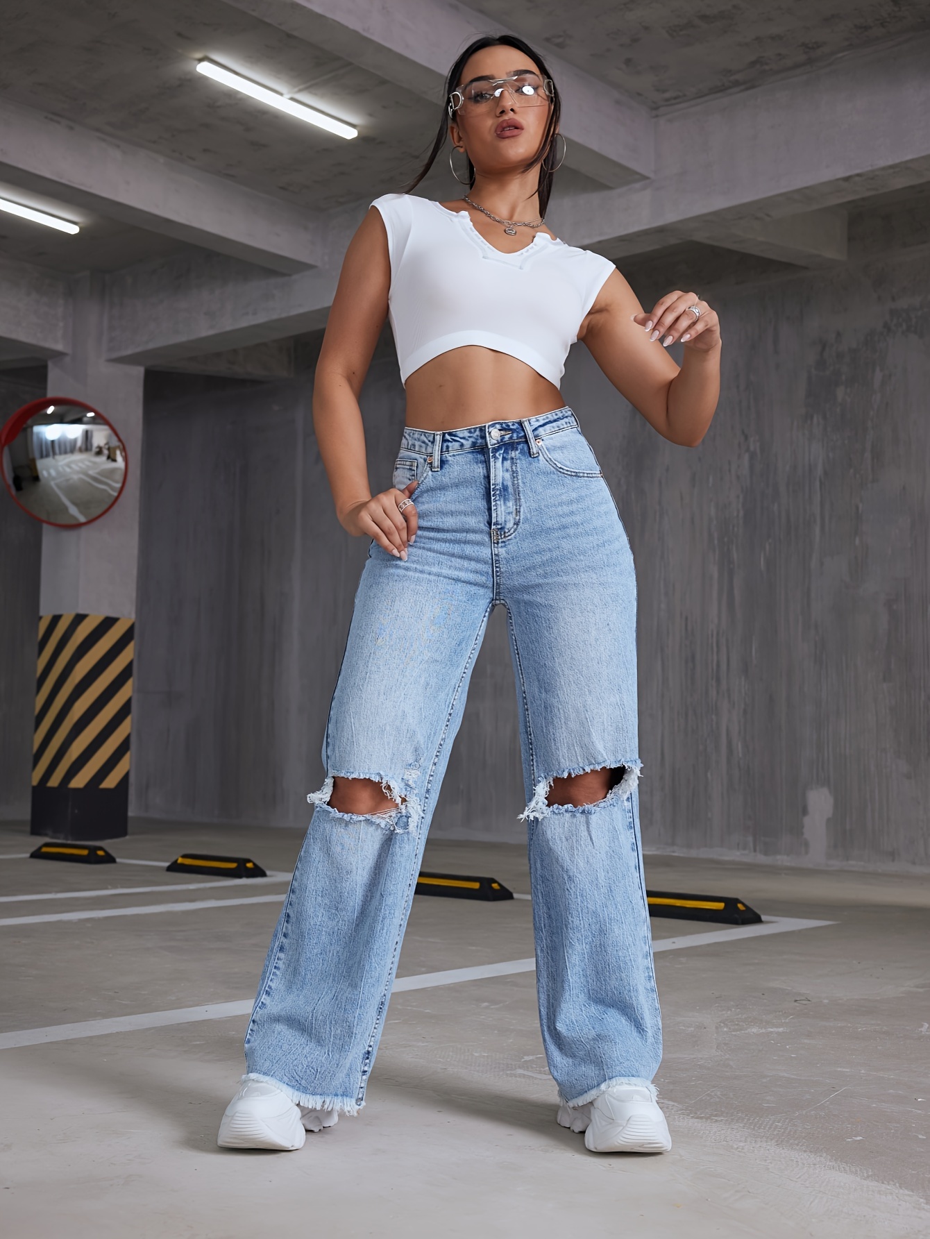 High Waist Chic Straight Jeans Ripped Holes Loose Fit - Temu