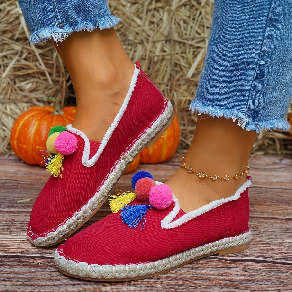 Women's Tassel Pom-pom Flat Shoes, Tribal Low Top Slip On Espadrille Casual Sole - Temu