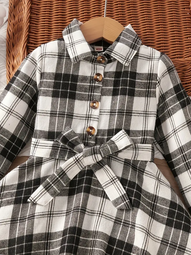 girls classic plaid dress with bowknot belt collar long sleeves dress for spring autumn details 2