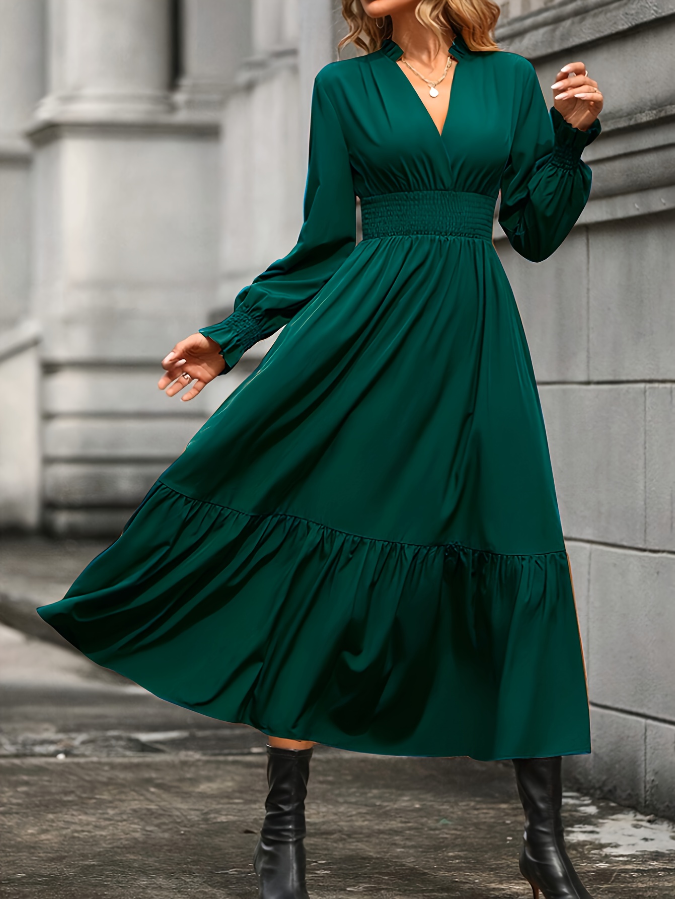 Solid Ruffle Trim Belted Dress Elegant Long Sleeve Slim - Temu