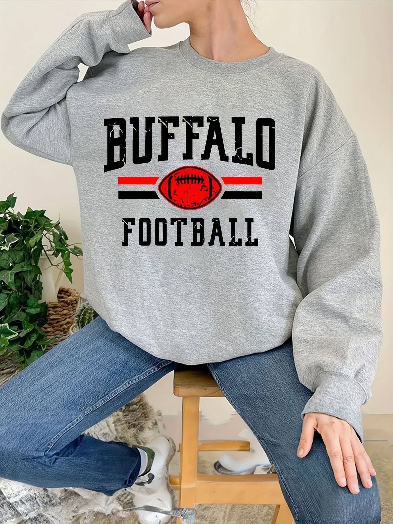 Buffalo Football Print Sweatshirt, Casual Long Sleeve Crew Neck