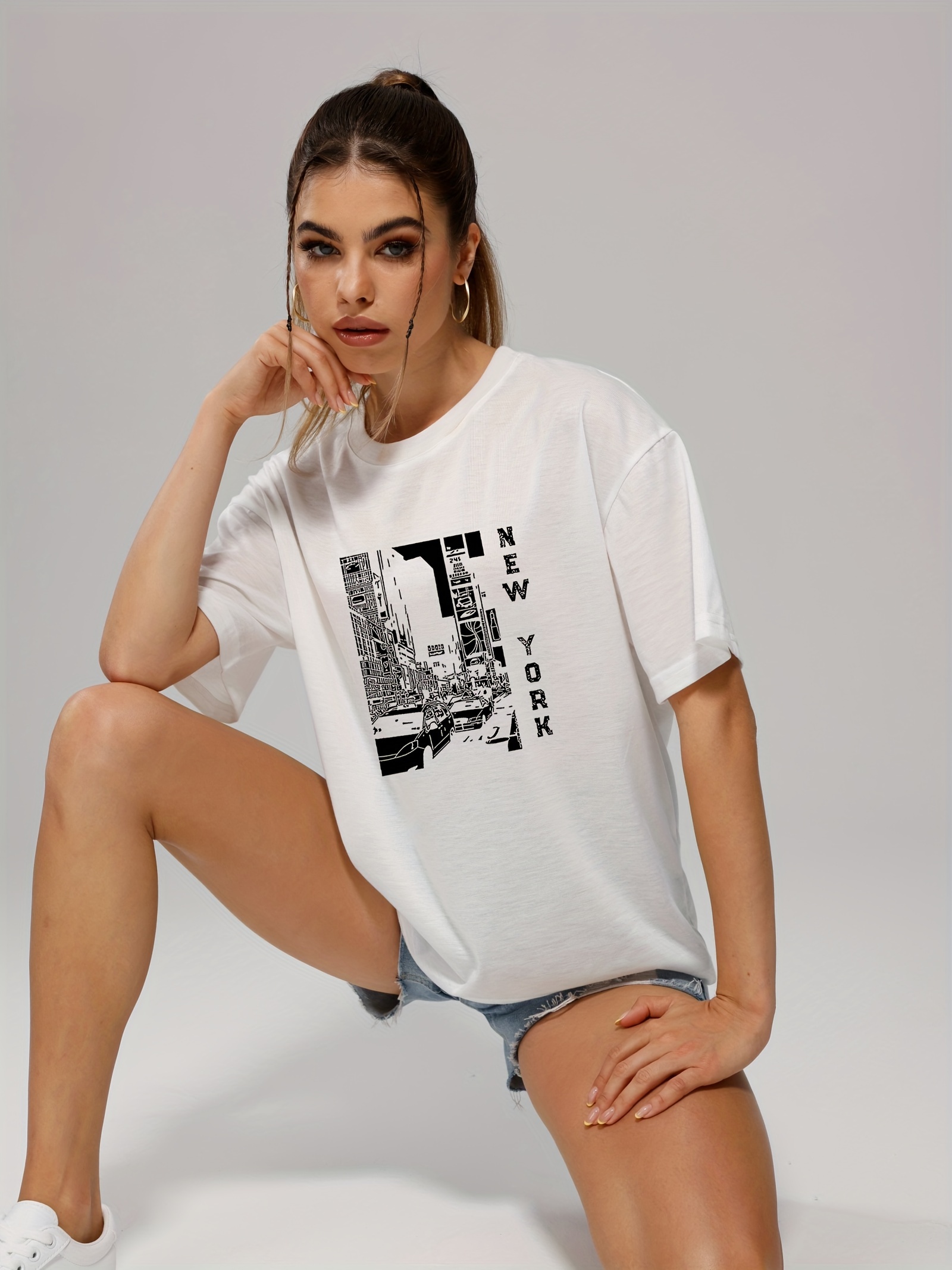 Retro Letter City Street Print Pullover Shirt Fashion Crew - Temu Canada