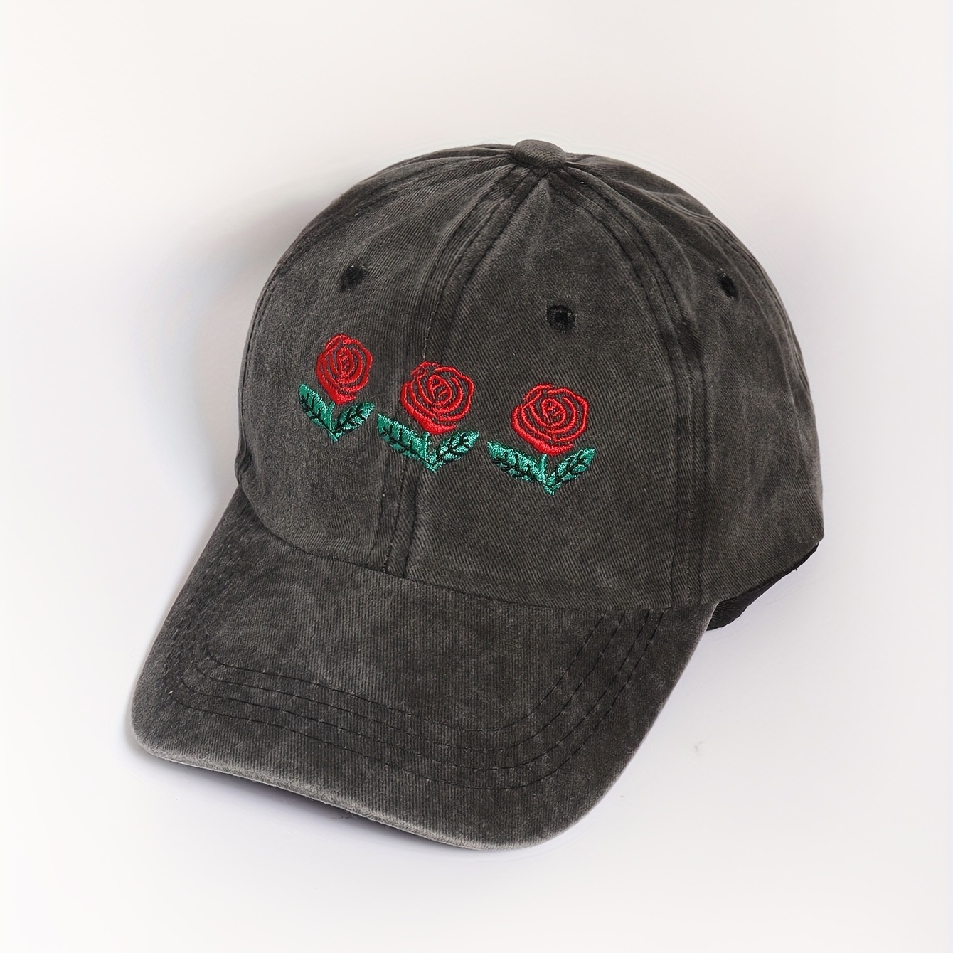 Three Roses Embroidery Baseball Cap Washed Distressed Gray
