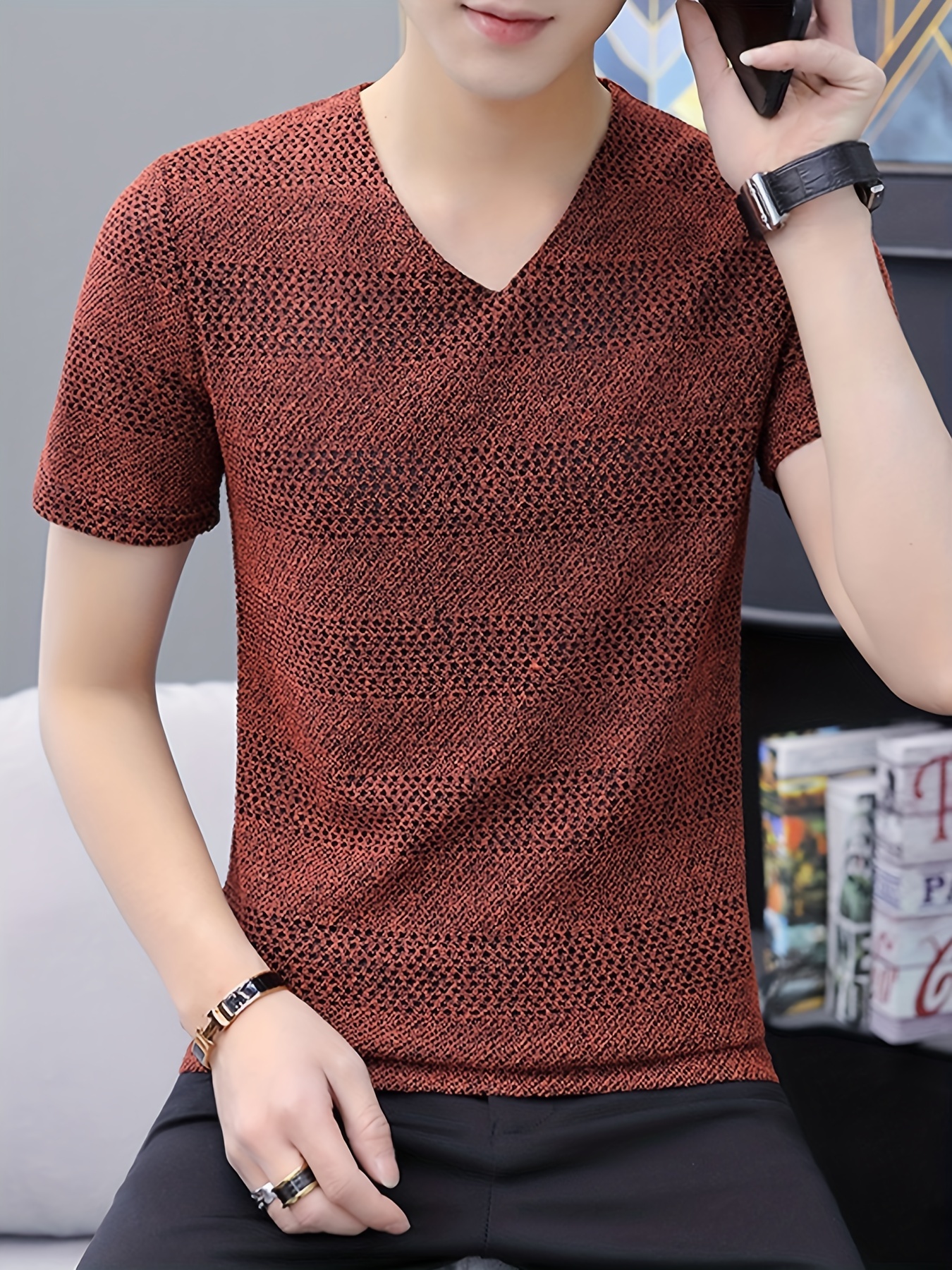 Camisetas Crochet Hombre Camisetas Manga Corta Cuello - Temu