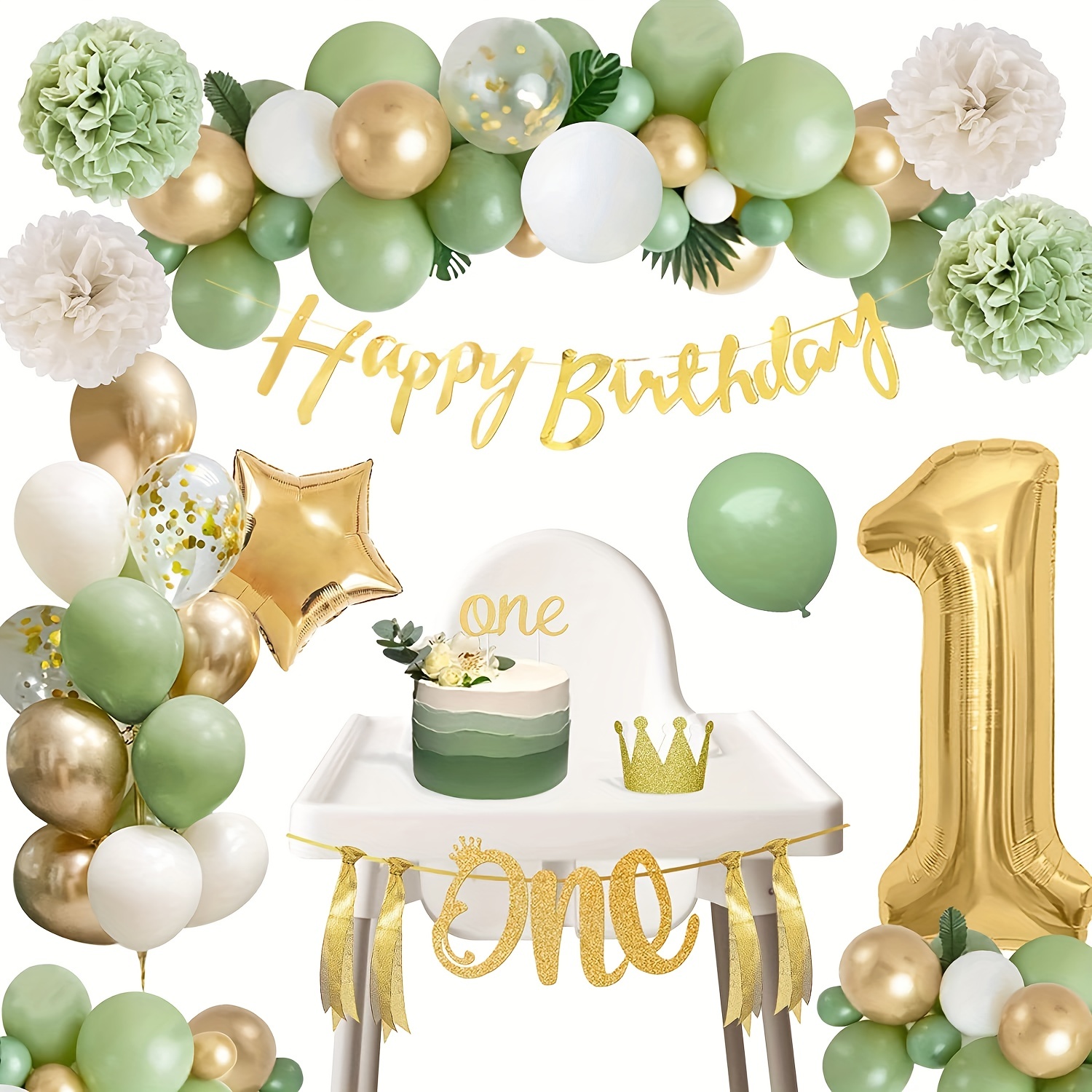Decoración de la niña del 1er cumpleaños / 1 año bebé Decoraciones del  primer cumpleaños Niña / ONE High Chair Banner / Cake Topper / Princess  Flower Crown -  México