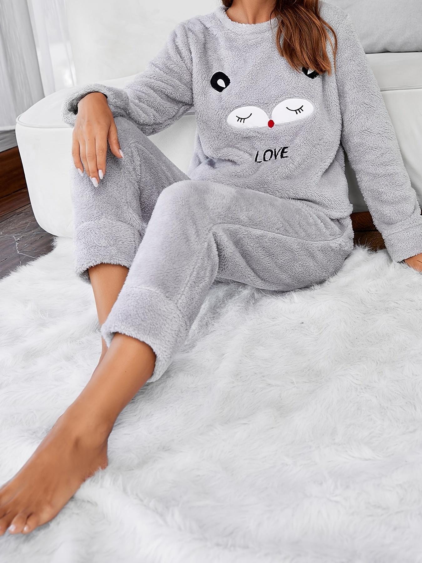 Pajama Set Solid Plaid Pattern Warm Soft Loose Wearable Loungewear
