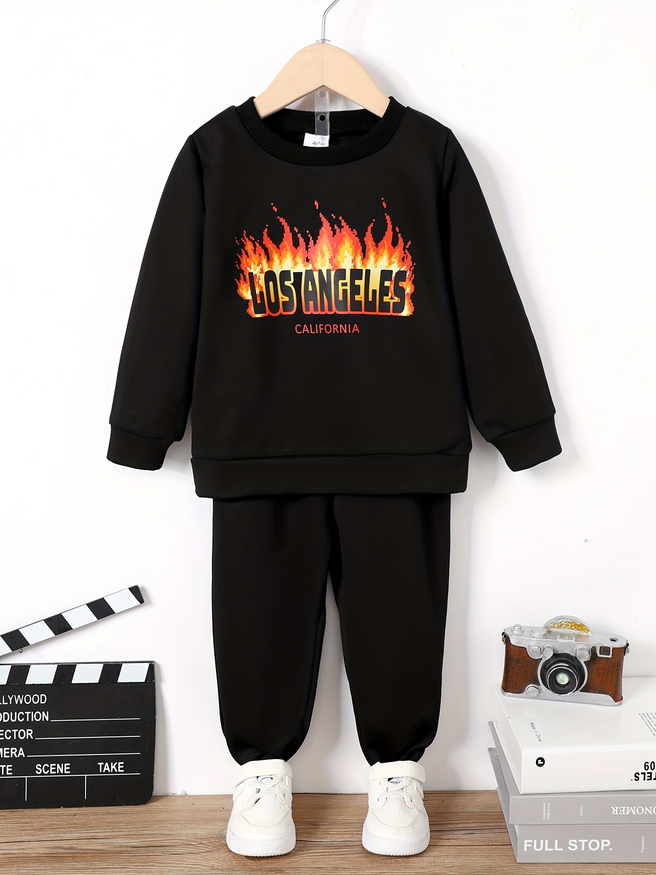 Boy's Los Angeles Print Sweatshirt Sweatpants Set Fire - Temu New