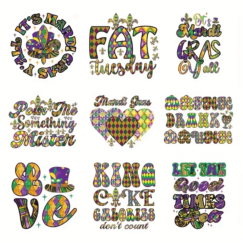 9pcs Fashion Mardi Gras Y'all Festival Printing Decals Iron On Mardi Grawr  DTF Transfers Stickers Ready To Press For T-shirt