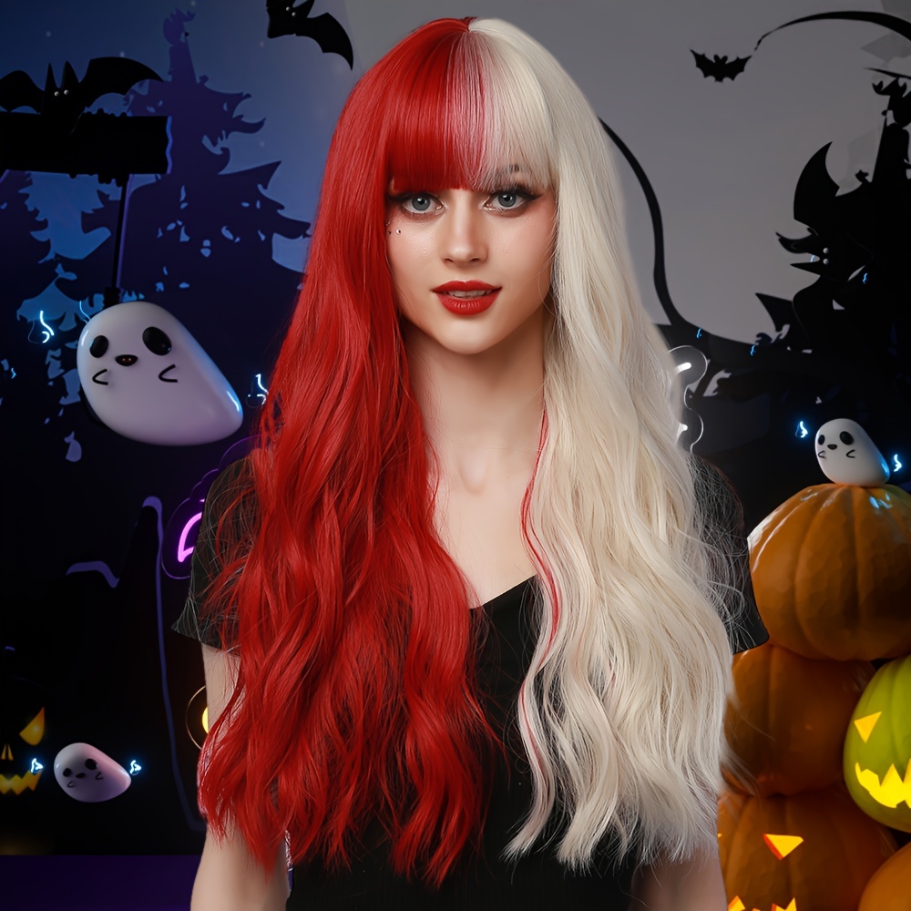 Synthetic Women s Wig Red White Wavy Hair Bangs Halloween Temu