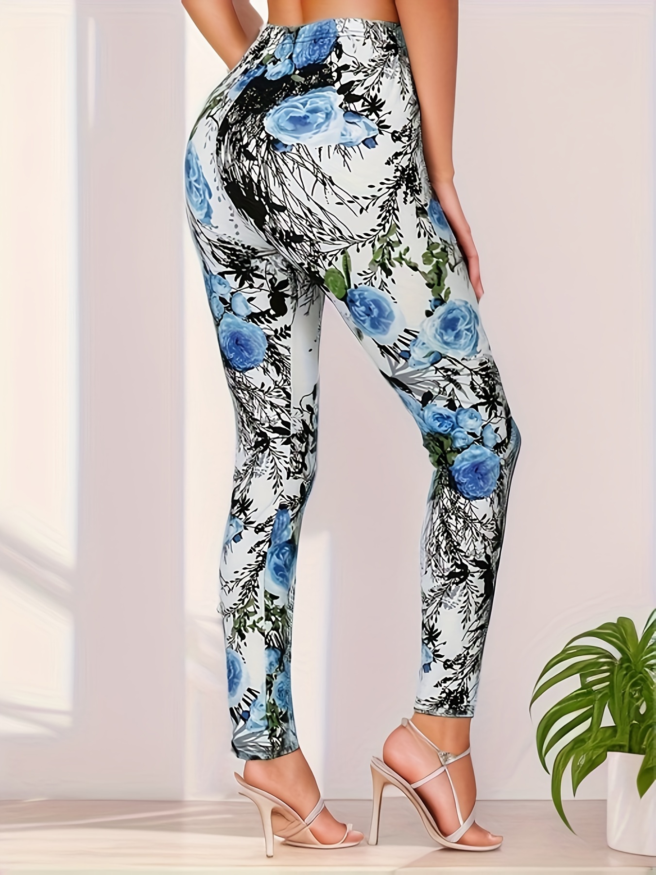 Plus Size Cute Leggings, Women's Plus Colorful Floral Print Elastic Waist  Medium Stretch Leggings