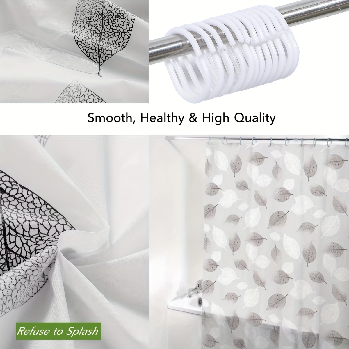 Peva Leaf Pattern Plastic Shower Curtain With Plastic Hooks