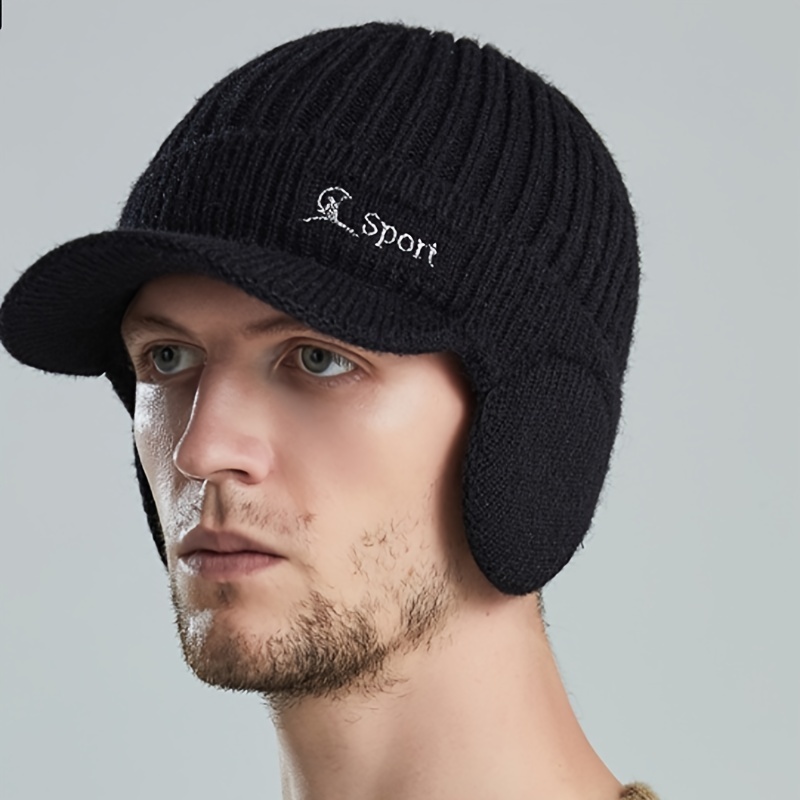 Initially Winter Men's Hat Thick Windproof Sun Visor Hat Outdoor Riding Warm Ear Protection Knitted Hat male Baseball Cap Black