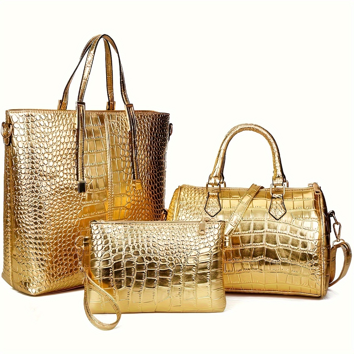 

3pcs/set Golden Crocodile Print Tote Bag, Luxury Top Handle Satchel, Women's Fashion Handbag, Shoulder Bag, Crossbody Bag & Purse