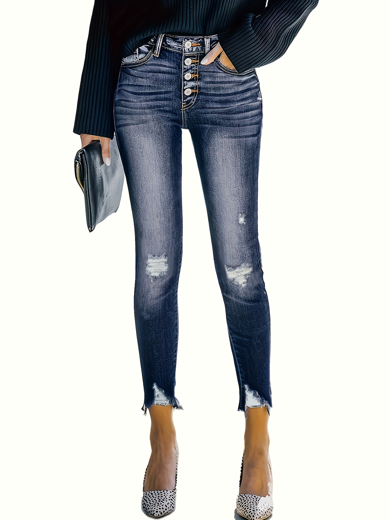 Blue Ripped Holes Cropped Jeans Slim Fit Slant Pockets High - Temu Canada