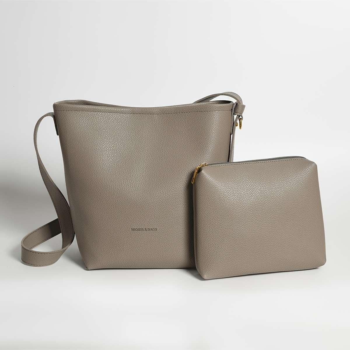 Letter Embossed Bucket Bag Set, Simple Litchi Pattern Shoulder Bag