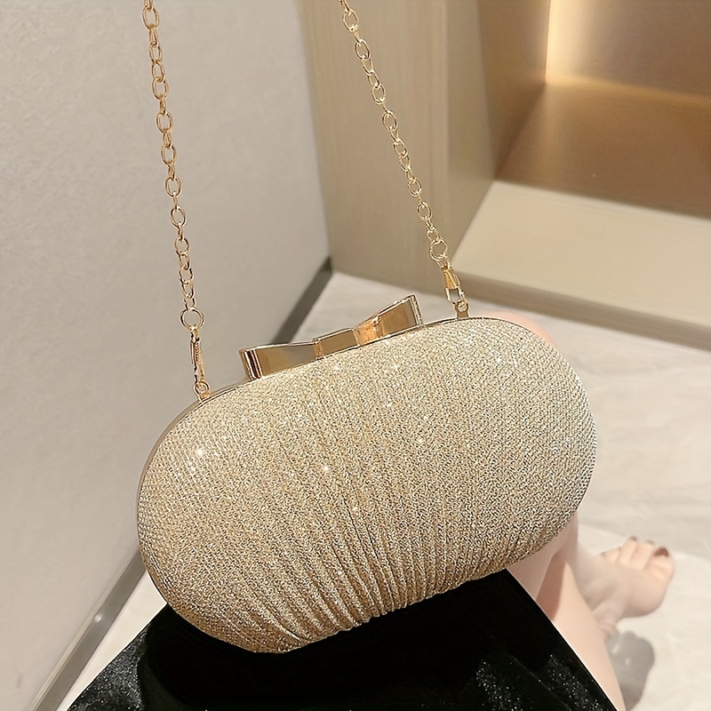 Glitter Bow Knot Clutch Bag Metal Chain Handbag
