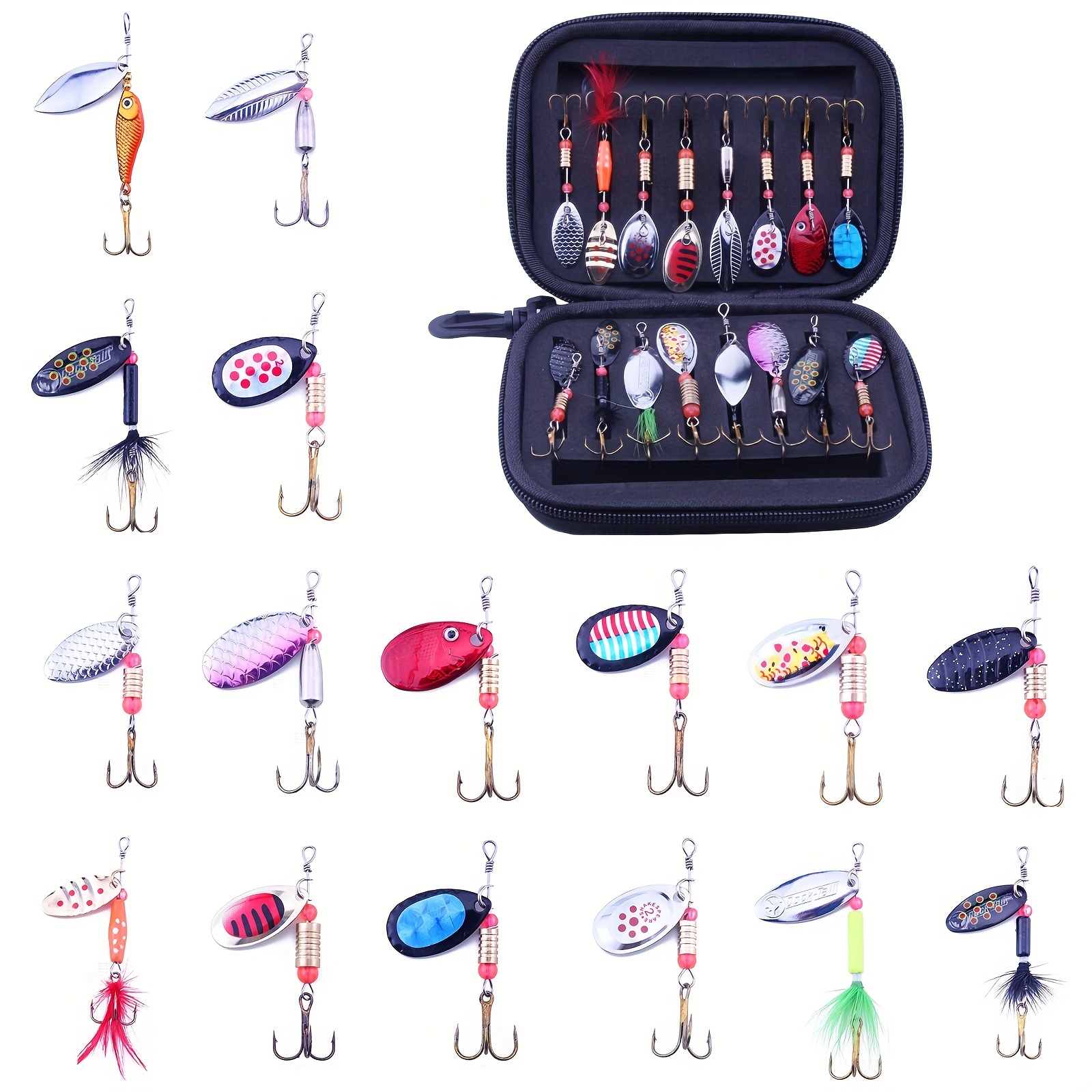 16pcs Portable Fishing Lures Kit - Inline Spinner Bait Set with Rooster  Spinnerbaits and Metal Spoon Lures for Trout, Bass, and Walleye - Includes  Car