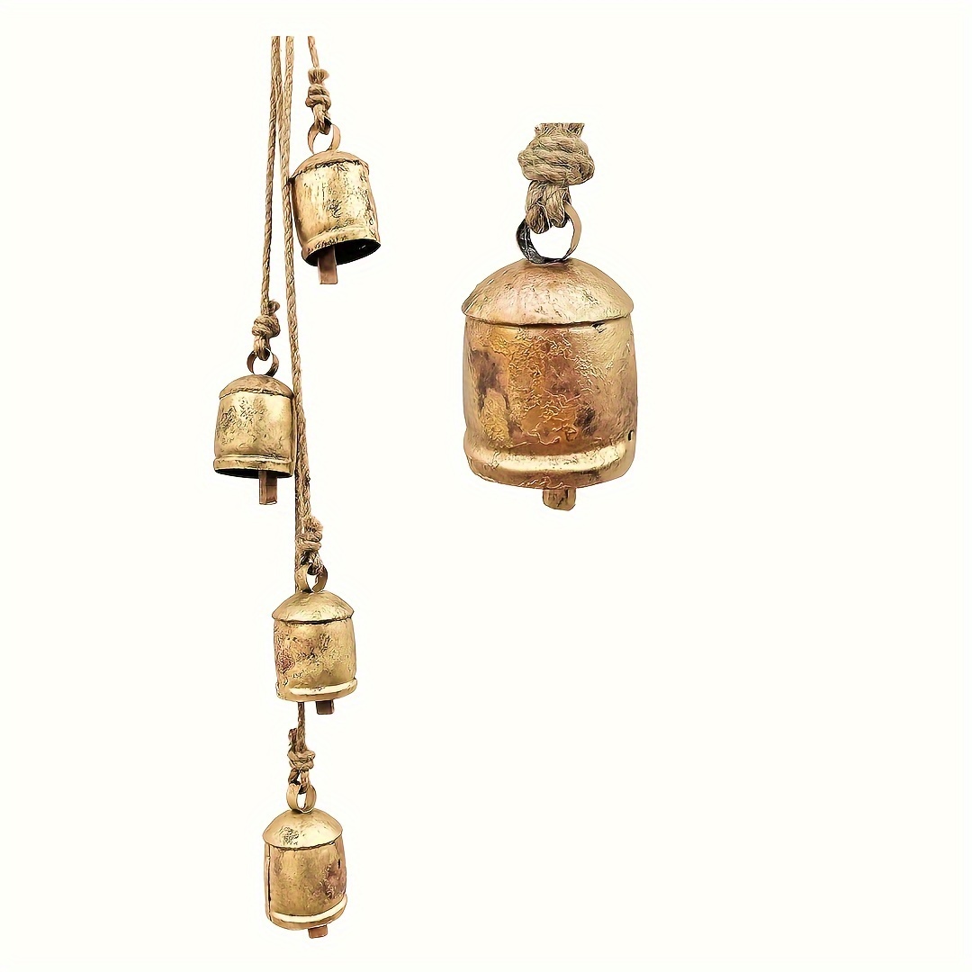 HIGHBIX Harmony 4 Cow Bells Cluster on Rope Large Rustic Vintage Lucky Cow  Bells On Rope Wall Hanging Décor (Gold)