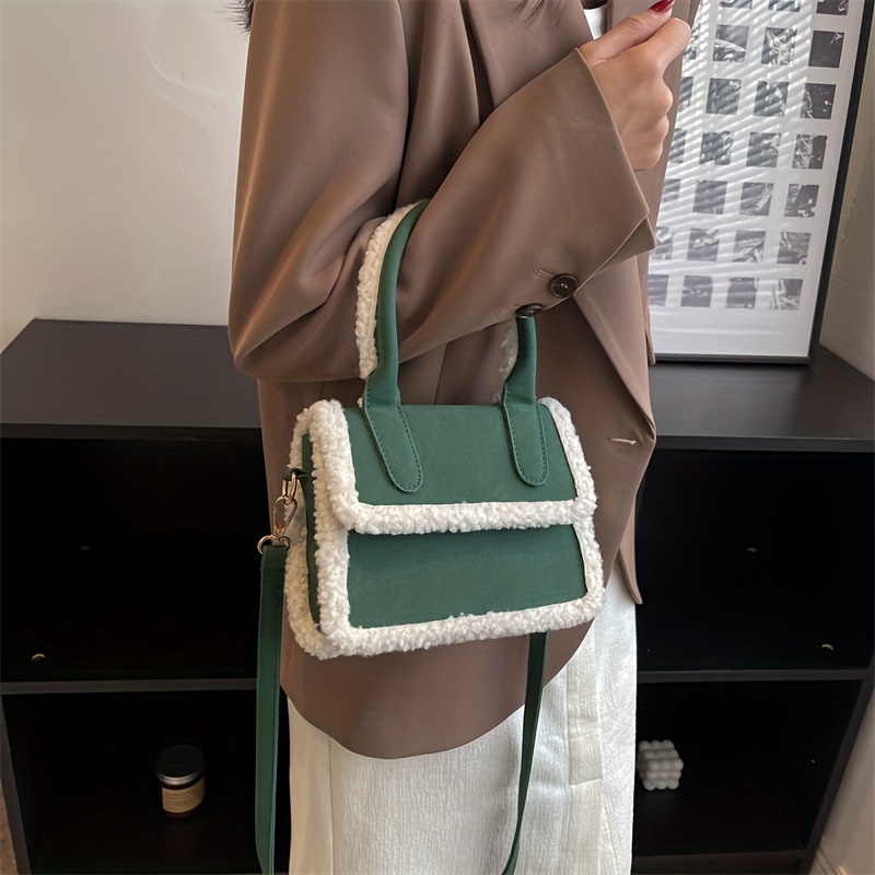 Minimalist Plush Square Satchel Bag Classic Flap Handbag