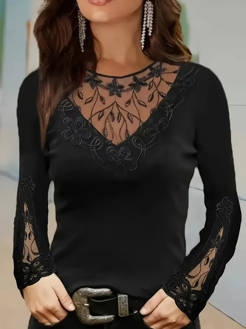 Contrast Lace T-shirt, Elegant Crew Neck Long Sleeve T-shirt For Spring ...