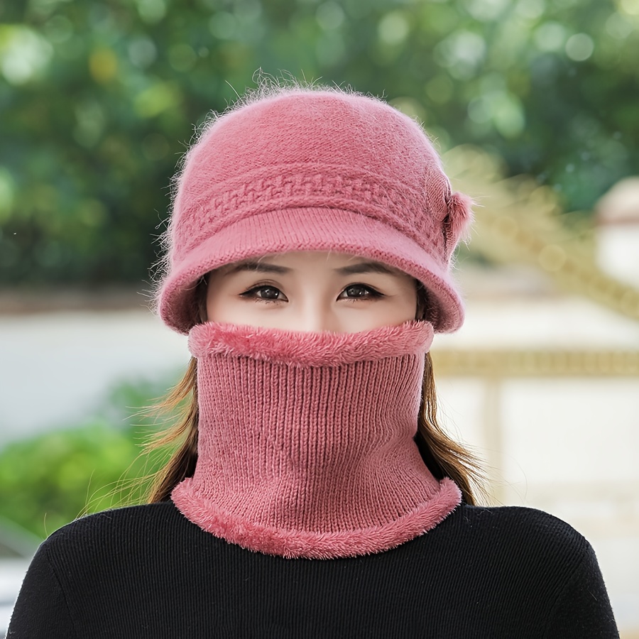 YDKZYMD Womens Neck Gaiter Geometric Cozy Scarf Outdoor Scarf and Beanie  Hat Set Hiking Set Winter Cable Knitted Round Scarves Fleece Faux Fur  Pompom for Women Fashion Dressy Neck Gaiter Pink 