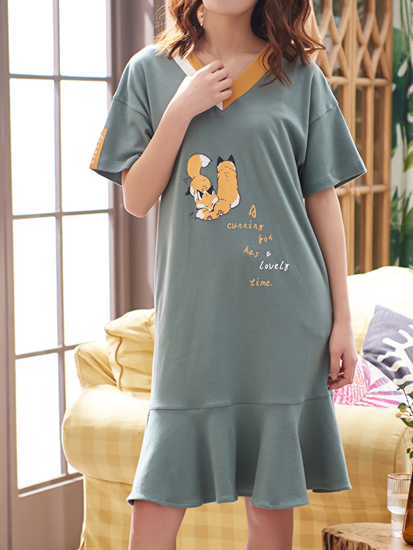 Casual Comfy Ruffle Pajama Dresses Cute Animal Print Short - Temu
