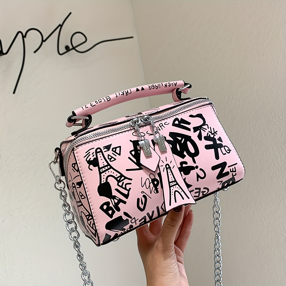 Graffiti Handbags For Women, Trendy Chain Crossbody Bag, Small Zipper Box  Purse - Temu