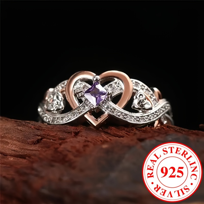 925 Sterling Silver Infinity Heart Ring with Purple Zirconia