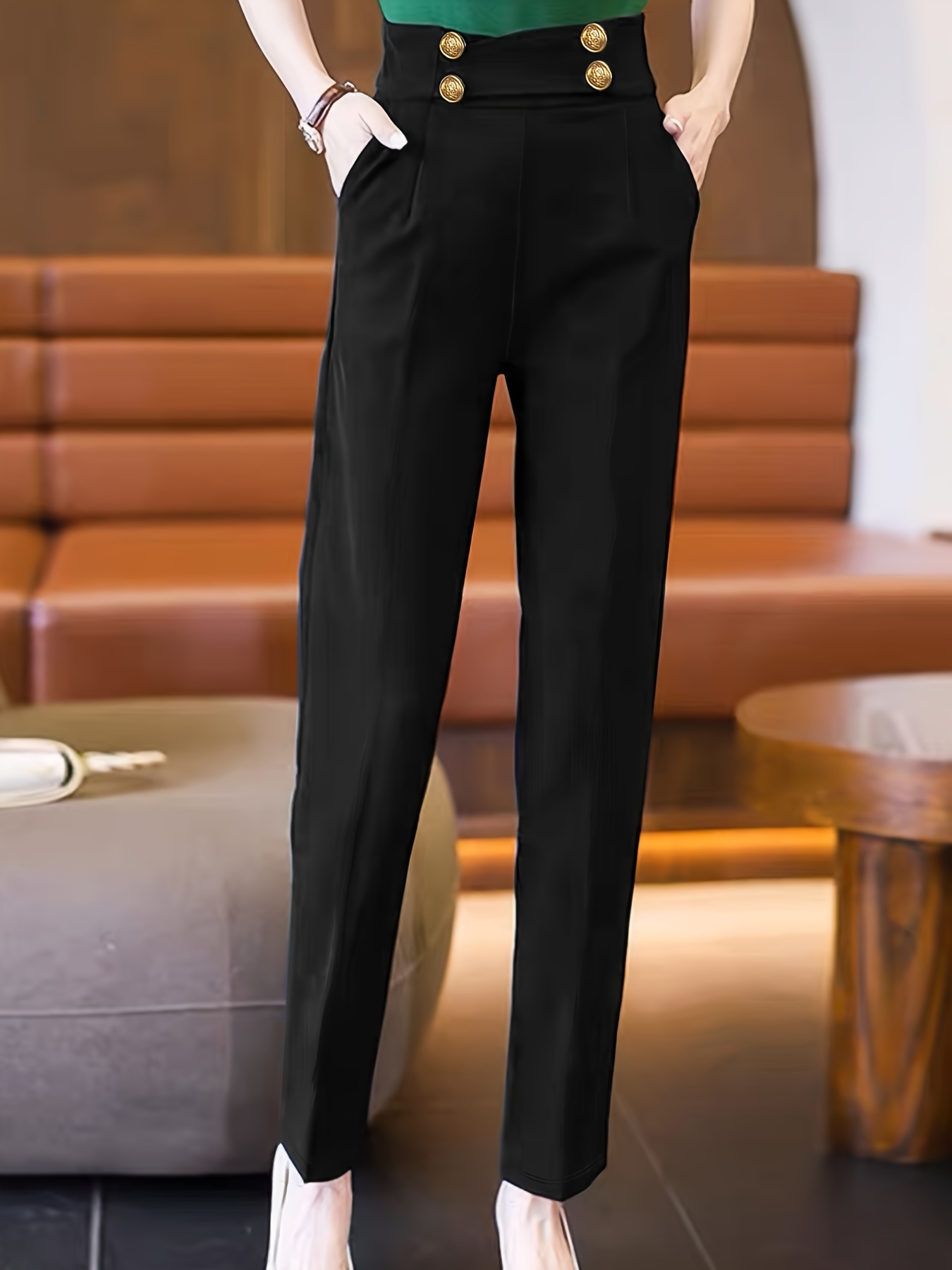 Pantalones Ajustados De Cintura Alta Con Botón Sólido, Pantalones Elegantes  Para Primavera Y Otoño, Ropa De Mujer
