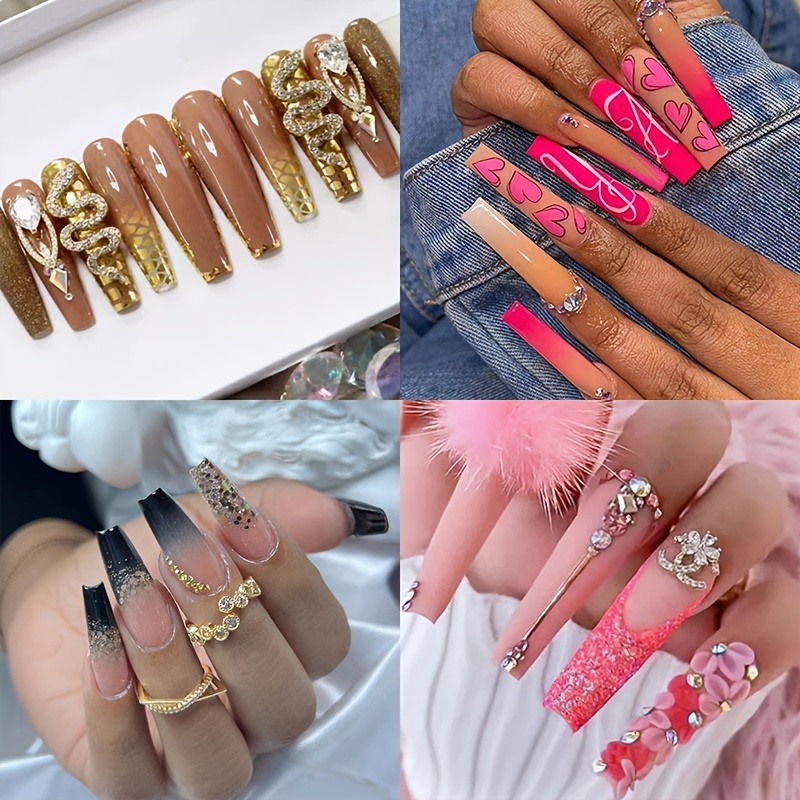 

4sets Long Ballet False Nail Golden Snake, Flash Rhinestone, Pinkish Sweet Heart With Design French Sweet Cool Fake Nails Combination Set