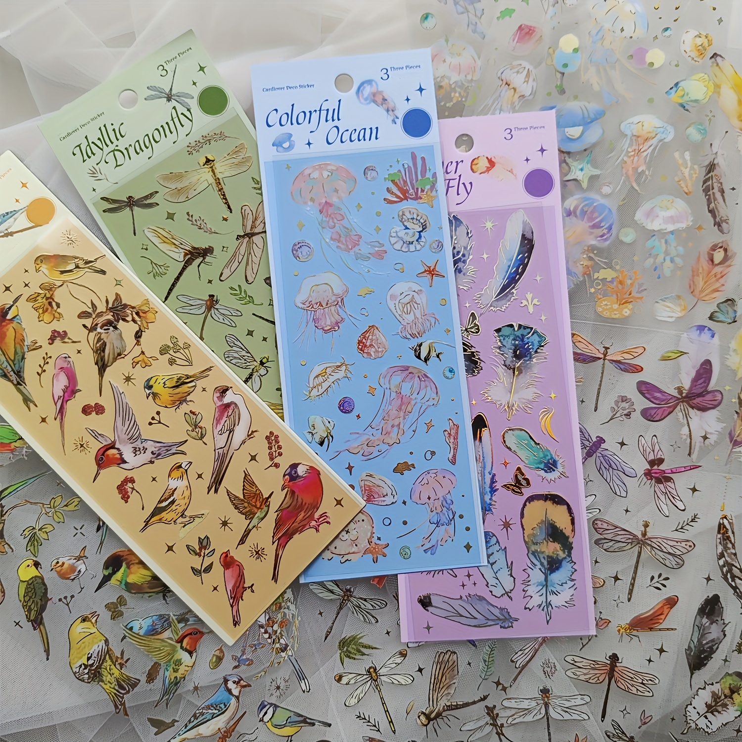

3 Sheets/pack 3d Gilding Sticker Dragonfly Jellyfish Feather Notebook Decorative Stickers Pet Decorative Stickers For Scrapbooking Label Diary Stationery Album Telephone Journal Planner