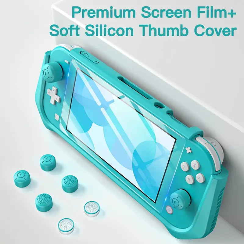for switch lite case cover for switch lite protective case with game card storage tempered glass screen protector and thumb grip switch lite grip case anti scratch non slip case turquoise details 5