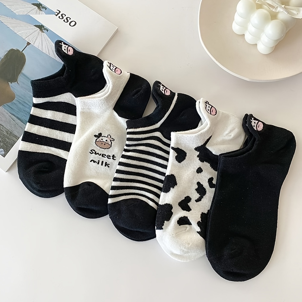 

5 Pairs Cow Pattern Socks, Cute & Breathable Low Cut Socks, Women's Stockings & Hosiery