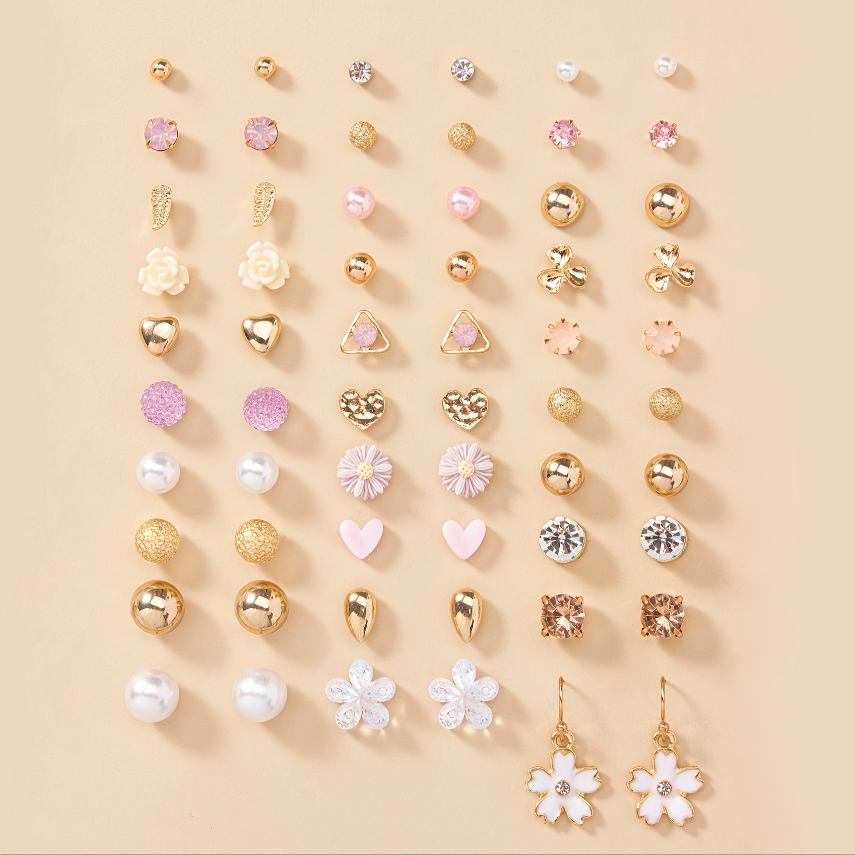 

30 Pairs Set Of Tiny Flower Triangle Round Heart Shaped Stud Earrings Zinc Alloy Jewelry Rhinestones Inlaid Trendy Female Gift Daily Wear