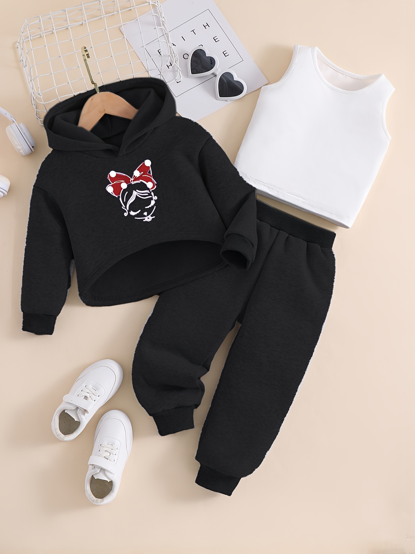 Trendy Outfits 3pcs Girls, Hooded Pullover + Tank Top + Splicing Jogger  Pants Kids Clothes Spring Fall
